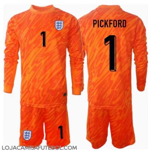 Camisa de Futebol Inglaterra Jordan Pickford #1 Goleiro Equipamento Principal Infantil Europeu 2024 Manga Comprida (+ Calças curtas)